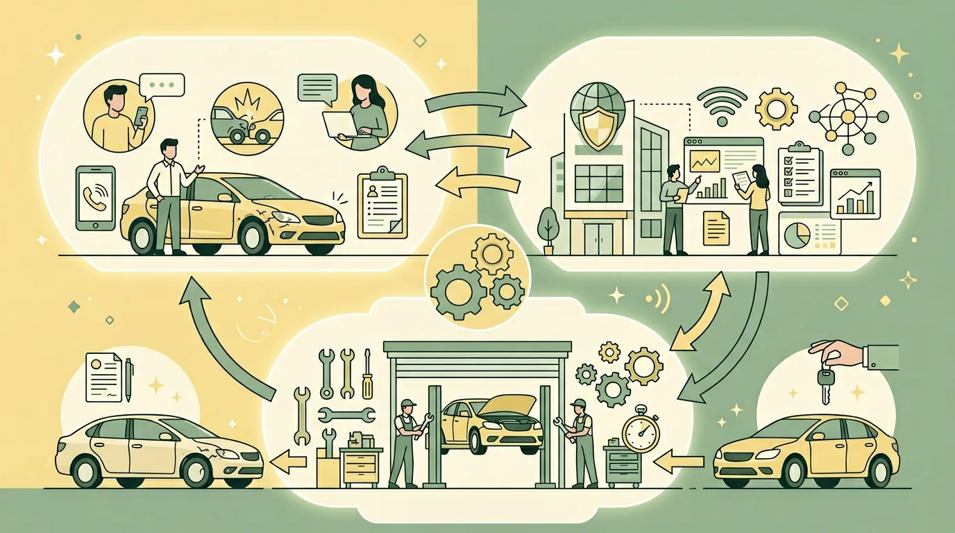 Schemat koordynacji naprawy: kierowca, ubezpieczyciel, warsztat, 1200x800px