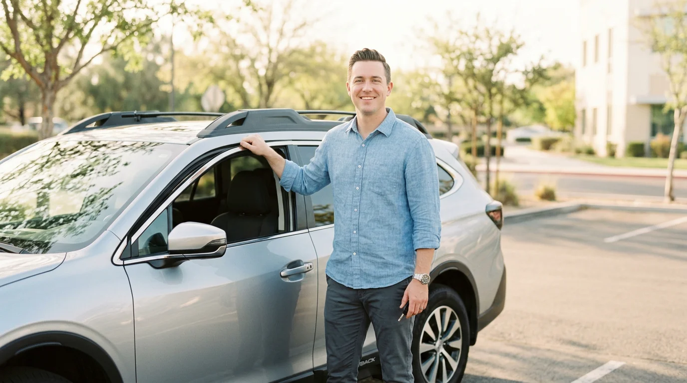 Kierowca przy samochodzie, powrót do jazdy po zdarzeniu, 1200x800px