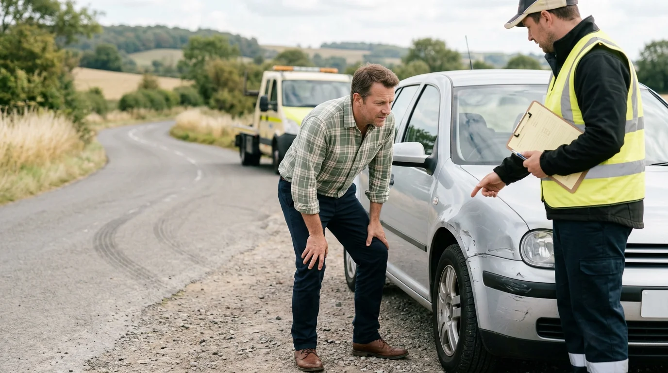 Kierowca przy samochodzie po zdarzeniu drogowym, scena odbudowy, 1200x800px